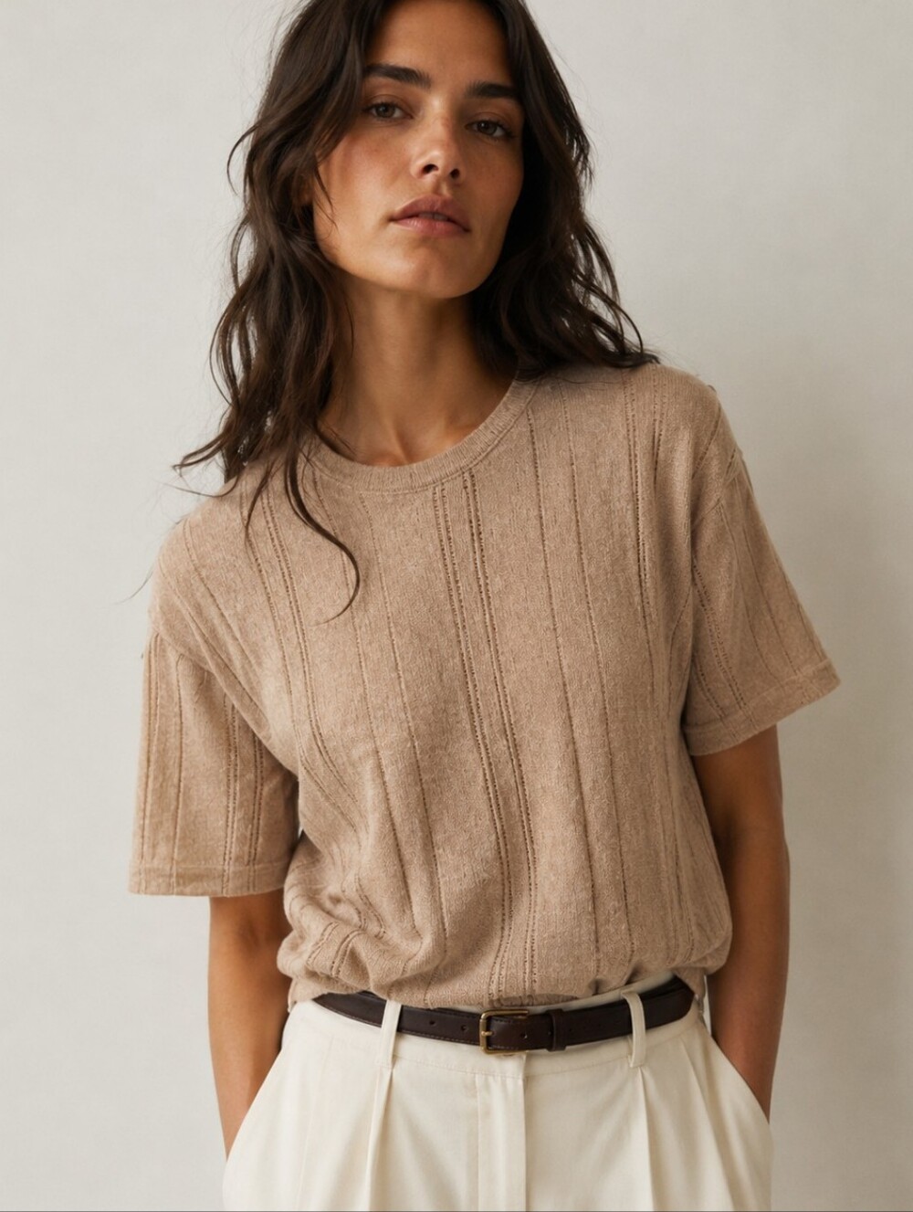 Zara Neutral Beige Knit Short Sleeve Top Size S